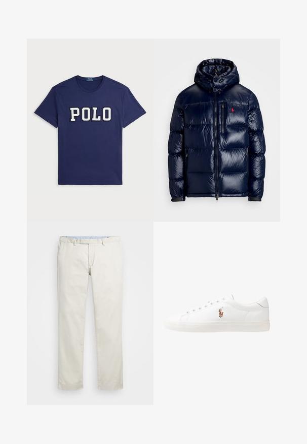 Tumši zils pūkainais jaka ar spīdīgu apdari, ar kapuci, ar rāvējslēdzēja priekšpusi un mazu logo kreisajā krūtī. Tekstūrēta izšūšanas dizains.; Tumši zila T-krekla no kokvilnas, ar lielu "POLO" grafiku baltā krāsā, apaļā kakla izgriezums un īsas piedurknes.; Bežīgas kokvilnas chinos bikses ar gludu priekšpusi, jostas cilpām un sānu kabatām. Taisnas kājas dizains ar gludu tekstūru un vieglu, elpojošu sajūtu.; Baltas ādas sporta apavi, zema dizaina, ar gludu tekstūru, noapaļotu purngalu, ar auklēm priekšpusē un nelielu izšūtu logotipu sānos.