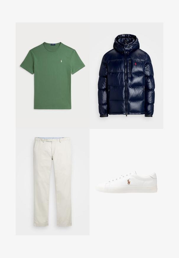 Tumši zils pūkainais jaka ar spīdīgu apdari, ar kapuci, ar rāvējslēdzēja priekšpusi un mazu logo kreisajā krūtī. Tekstūrēta izšūšanas dizains.; Zaļš kokvilnas T-kreklis ar apaļu kakla izgriezumu un īsām piedurknēm. Uz kreisā krūškurvja ir neliels balts izšūts logo.; Bežīgas kokvilnas chinos bikses ar gludu priekšpusi, jostas cilpām un sānu kabatām. Taisnas kājas dizains ar gludu tekstūru un vieglu, elpojošu sajūtu.; Baltas ādas sporta apavi, zema dizaina, ar gludu tekstūru, noapaļotu purngalu, ar auklēm priekšpusē un nelielu izšūtu logotipu sānos.