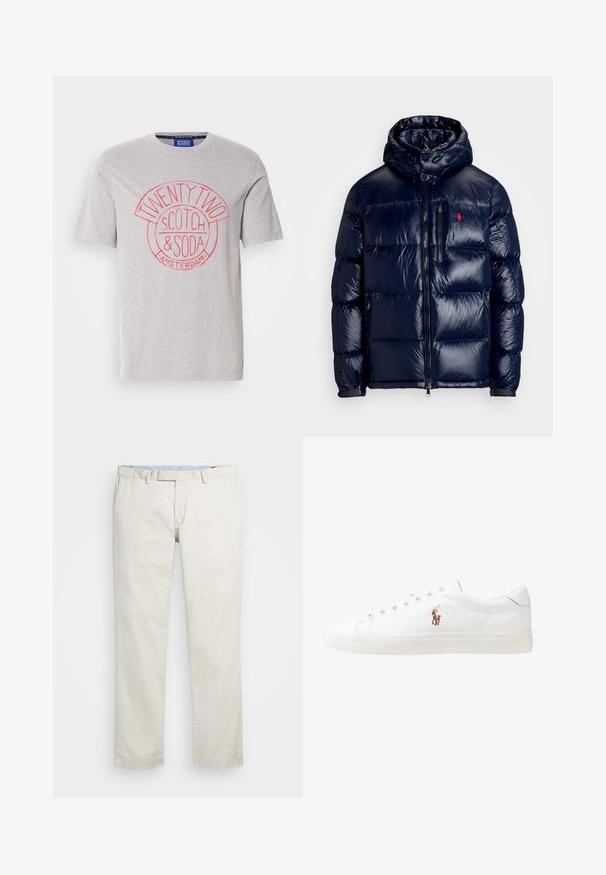 Chaqueta acolchada azul marino con un acabado brillante, que presenta una capucha, cierre frontal con cremallera y un pequeño logo en el lado izquierdo del pecho. Diseño acolchado texturizado.; Camiseta de algodón gris con un estampado gráfico redondo en rojo que incluye el texto "TWENTY TWO", "SCOTCH & SODA" y "AMSTERDAM". Manga corta, corte estándar.; Chinos de algodón color beige con frente plano, presillas para cinturón y bolsillos laterales. Diseño de pierna recta con una textura suave y una sensación ligera y transpirable.; Zapatillas de cuero blancas, diseño de corte bajo, con una textura suave, puntera redonda, cordones en la parte delantera y un pequeño logo bordado en el lateral.