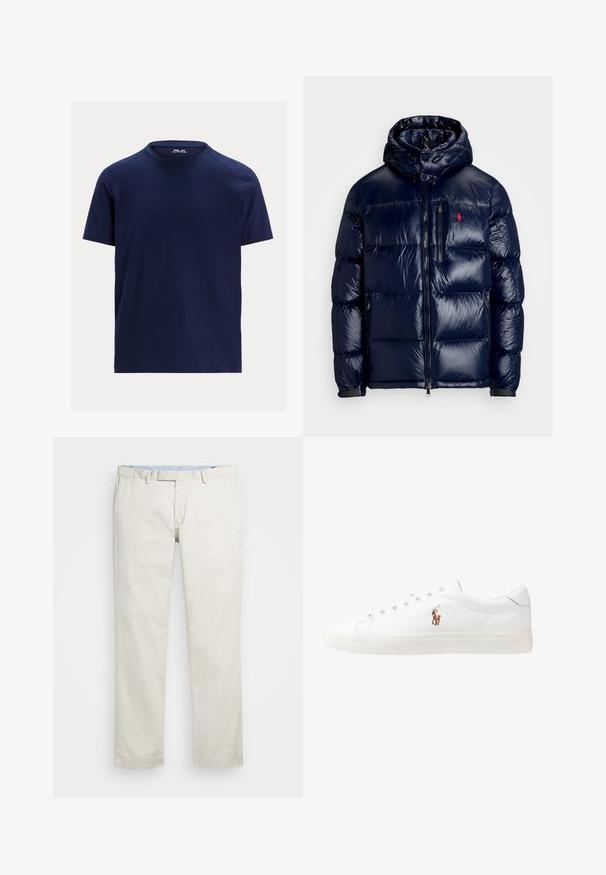 Navy blue puffer jacket with a shiny finish, featuring a hood, zippered front, and a small logo on the left chest. Textured quilted design.; Navy blue short-sleeve crew neck T-shirt with a small RLX Ralph Lauren logo inside the collar.; Beige cotton chinos with a flat front, belt loops, and side pockets. Straight-leg design with a smooth texture and a light, breathable feel.; White leather sneakers, low-top design, featuring a smooth texture, round toe, laced front, and a small embroidered logo on the side.