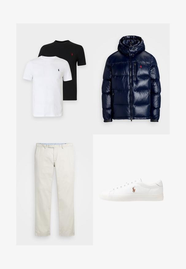 Granatowa kurtka puchowa o błyszczącym wykończeniu, z kapturem, zamkiem błyskawicznym z przodu oraz małym logo na lewej piersi. Teksturowany pikowany wzór.; Dwie koszulki w kolorze czarnym i białym. Klasyczny, okrągły dekolt, krótkie rękawy, wykonane z bawełny. Posiadają małe, haftowane logo na piersi.; Beżowe bawełniane chinosy z płaskim przodem, szlufkami na pasek i bocznymi kieszeniami. Prosty krój z gładką fakturą i lekkim, przewiewnym uczuciem.; Białe skórzane sneakersy, niskoprofilowy design, charakteryzujące się gładką fakturą, okrągłym noskiem, sznurowanym przodem i małym haftowanym logo z boku.