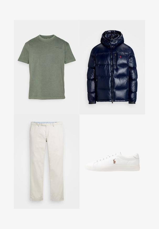 Navykék puffertakaró kabát fényes felülettel, kapucnival, cipzáros elülső résszel és egy kis logóval a bal mellen. Texturált steppelt mintázat.; Olajzöld pamut póló, kerek nyakkivágással, rövid ujjal, bal mellen egy kis fekete logóval, laza fazonban.; Beige pamut chinin, lapos elülső résszel, övhurkokkal és oldalsó zsebekkel. Egyenes lábú kialakítás, sima textúrával és könnyű, lélegző érzettel.; Fehér bőr sportcipők, alacsony fazonban, sima textúrával, kerek orral, fűzős előlappal és egy kis hímezett logóval az oldalon.