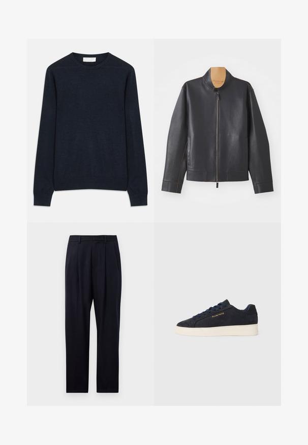 Crna kožna jakna s uspravnim ovratnikom, zatvaranjem na zip i kontrastnim smešnim šavovima. Sadrži dva bočna džepa i optimiziran dizajn.; Mornariće plavi pulover s okruglim izrezom izrađen od mekog materijala. Ima duge rukave te rebraste manžete i rub. Jednostavne, jednobojne boje bez uzoraka.; Nave plave hlače ravnog kroja, s teksturiranim materijalom, dva prednja nabora, petlje za remen i patent zatvaračem.; Navy plave sačmene niske tenisice s bijelim potplatom, mornarskim vezicama i "Filling Pieces" logotipom u zlatnoj boji sa strane.