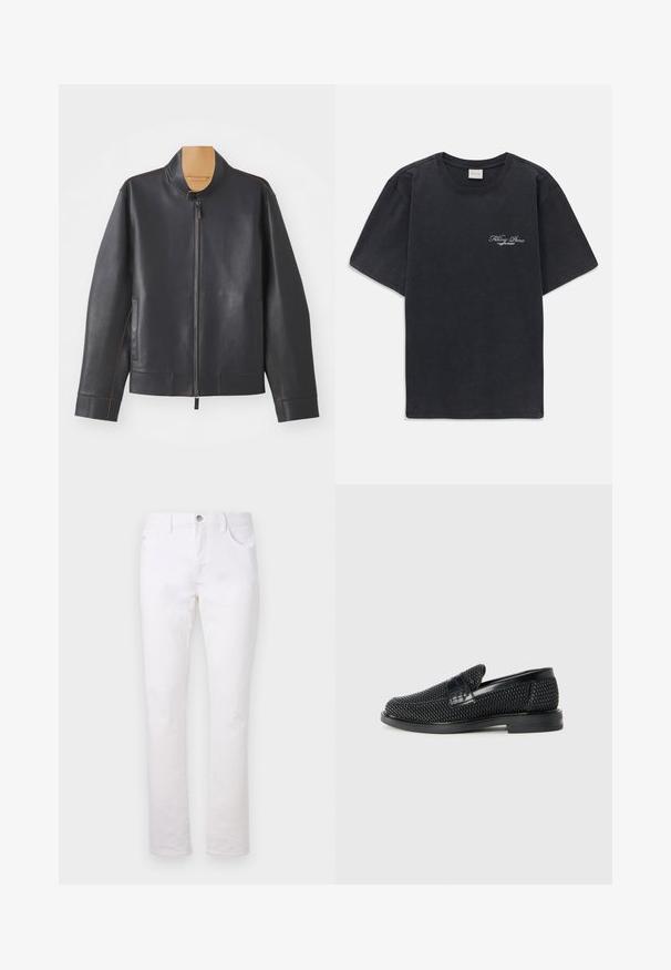 Musta nahkatakki, jossa on pystykaulus, vetoketjusuljenta ja kontrastivärinen ruskea ommel. Sisältää kaksi sivutaskua ja virtaviivaisen muotoilun.; Mustat lyhythihaiset t-paidat, joissa on pieni valkoinen "Filling Pieces" -tekstilogo vasemmassa rinnassa.; Valkoiset farkut suoralla lahkeella, joissa on kaksi etutaskua, yksi takatasku ja metallinen napitus vyötäröllä.; Musta kudottu liukupohjallinen kenka, jossa on sileä nahkakorostus päällisessä, pyöreä kärki ja matala kumipohja.