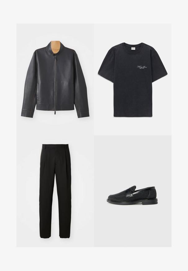Jachetă din piele neagră cu guler înălțat, închidere cu fermoar și cusături contrastante maro. Dispune de două buzunare laterale și un design aerodinamic.; Tricou negru cu mânecă scurtă și gât rotund, având un mic logo alb "Filling Pieces" pe partea stângă a pieptului.; Pantaloni negri, croiți pe măsură, cu un design drept, având un față plată și o textură netedă din țesătură.; Pantofii negri din material textil, cu accent din piele netedă pe partea superioară, design cu vârf rotund și talpă din cauciuc de profil redus.