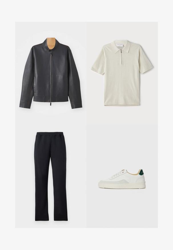 Zwarte leren jas met een staande kraag, ritssluiting en contrasterende bruine stiksels. Beschikt over twee zijzakken en een gestroomlijnd ontwerp.; Korte mouwen polo in lichtbeige met een ritskraag. Gemaakt van gladde stof, voorzien van een eenvoudig, modern ontwerp zonder patronen.; Zwarte straight-leg sweatpants met elastische tailleband, plat weergegeven op een witte achtergrond.; Witte sneaker met suède accenten, ronde neus, platte veters en een crème rubberen zool. Bevat groene branding op de hiel.