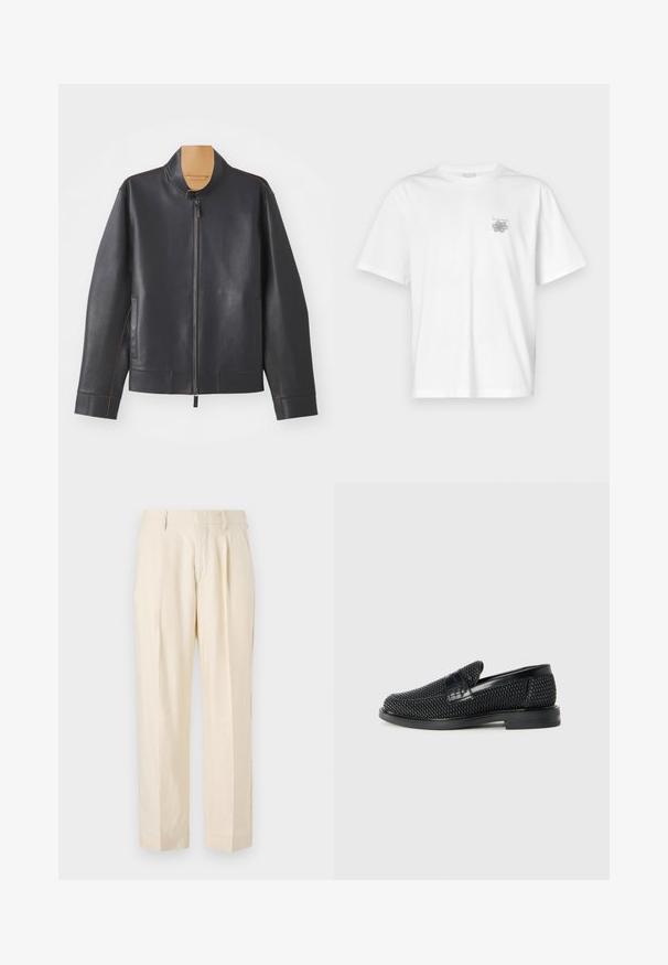 Veste en cuir noir avec col montant, fermeture éclair et coutures brun contrastantes. Comprend deux poches latérales et un design épuré.; T-shirt blanc en coton avec des manches courtes, un col ras du cou et un petit logo gris sur la partie gauche de la poitrine. Texture lisse.; NN.07 KAY - Pantalon classique - off white; Chaussure slip-on tissée noire avec un accent en cuir lisse sur le dessus, un design à bout rond et une semelle en caoutchouc à profil bas.
