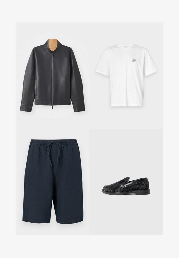 Juoda odinė striukė su stovinčiu apykakliniu, užtrauktuku ir kontrastinėmis rudos siūlėmis. Yra dvi šoninės kišenės ir stilingas dizainas.; Balta medvilninė marškinėlių, su trumpomis rankovėmis, apykaklė nei per aukšta, nei per žema, ir mažas pilkas logotipas kairėje krūtinės pusėje. Lygi tekstūra.; Tamsiai mėlynos lino šortai su elastine juosta ir reguliuojamu raišteliu. Sukurti su šoninėmis kišenėmis ir laisvu siluetu.; Juodas pintas slip-on tipo batelis su lygiu odiniu akcentu viršuje, apvalios nosies dizainas ir žemas guminis padas.