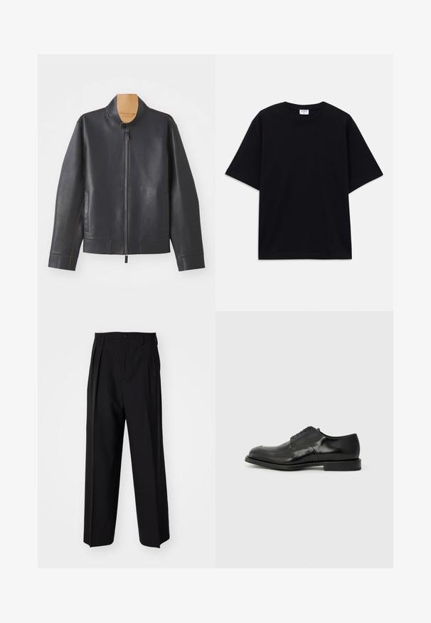 Chaqueta de cuero negra con cuello alto, cierre de cremallera y costuras en marrón contrastante. Cuenta con dos bolsillos laterales y un diseño estilizado.; Camiseta oversized de manga corta en negro con escote redondo y etiqueta de la marca Filippa K visible en el interior del cuello.; Pantalones negros plisados con un diseño recto y de pierna ancha. Fabricados en una tela suave, presentan un cierre de botón y trabillas para el cinturón.; Zapato de vestir negro de cuero con un acabado pulido, punta redondeada, cinco ojales para cordones y una suela plana de goma. Textura lisa con acentos mínimos.