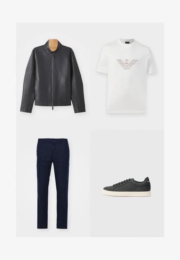 Black leather jacket with a stand collar, zip closure, and contrasting brown stitching. Features two side pockets and a streamlined design.; White cotton t-shirt with short sleeves and a crew neckline. Features a central logo design in pink and brown shades.; NN.07 THEO - Trousers - dark blue; Black leather sneaker with a low profile, rounded toe, and lace-up closure; features a textured rubber sole and logo detail on the heel.