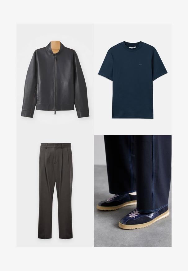 Svart läderjacka med ståkrage, blixtlåsstängning och kontrasterande bruna stygn. Har två sidofickor och en strömlinjeformad design.; Marinblå bomulls t-shirt med rund hals, kort ärm och en diskret logotyp tryckt på bröstet. Slät textur och klassisk passform.; Mörkgrå byxor i strukturerad tyg, med slät front, veck, raka ben och bälteshällor. Ingen synlig hårdvara eller mönster.; Paul Smith SHOE ZEPHYR - Sneakers - dark navy