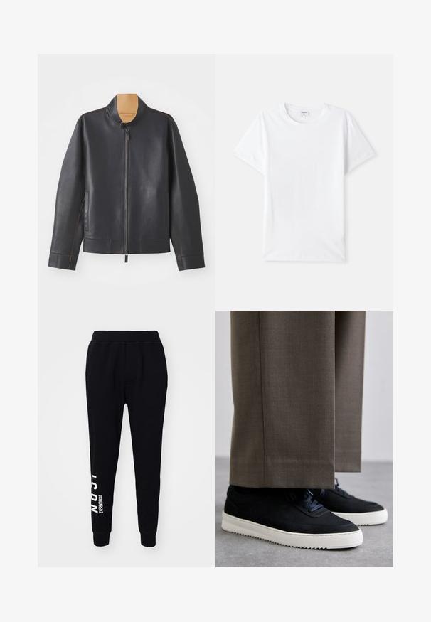 Veste en cuir noir avec col montant, fermeture éclair et coutures brun contrastantes. Comprend deux poches latérales et un design épuré.; T-shirt en coton blanc, col rond, manches courtes, texture lisse, sans motifs ni accents, design simple, coupe standard.; Pantalons de survêtement noirs en tissu doux, avec une coupe fuselée, une taille élastique et un logo imprimé blanc sur la jambe gauche.; Baskets en daim noir avec des semelles en caoutchouc blanc, dotées d'un bout arrondi et de lacets, portées avec un pantalon gris sur mesure.