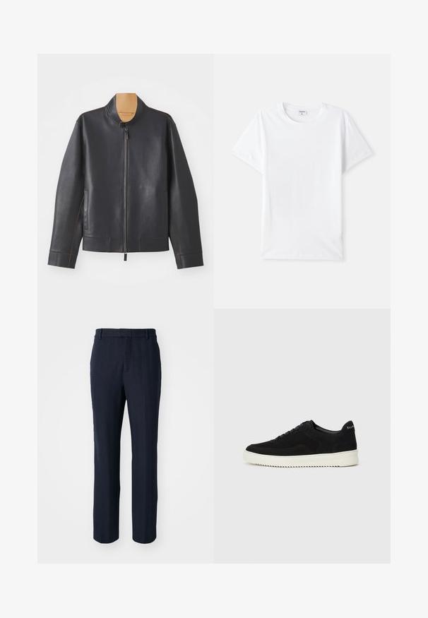 Schwarze Lederjacke mit Stehkragen, Reißverschluss und kontrastierendem braunem Näht. Sie verfügt über zwei Seitentaschen und ein schlankes Design.; Weißes Baumwoll-T-Shirt, Rundhalsausschnitt, kurze Ärmel, glatte Textur, keine Muster oder Akzente, einfaches Design, normale Passform.; Marineblaue Hose mit Fischgratmuster, geradem Bein, Gürtelschlaufen und strukturierter Oberfläche.; Schwarze Wildleder-Sneaker mit Schnürdesign und kontrastierender weißer Gummisohle. Verfügt über strukturierte Seitenpaneele und dezentes Branding an der Ferse.