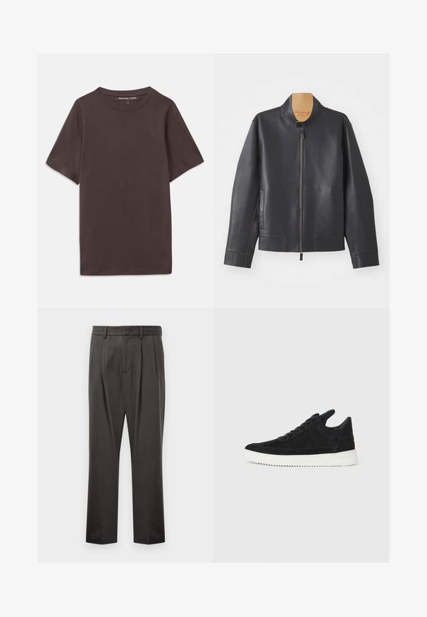 Černá kožená bunda s vysokým límcem, zipovým zapínáním a kontrastním hnědým prošíváním. Obsahuje dvě boční kapsy a zjednodušený design.; Hnědé tričko s krátkým rukávem vyrobené z měkké bavlny, s kulatým výstřihem a štítkem na límci. Hladká textura, jednoduchý design.; Tmavě šedé kalhoty z texturované látky, s plochým předním dílem, sklady, rovnými nohavicemi a poutky na pásek. Bez viditelného kovového spojení nebo vzorů.; Černé semišové tenisky s bílou gumovou podrážkou, s tónovým prošitím a šněrováním. Hladký povrch s moderním, aerodynamickým tvarem.