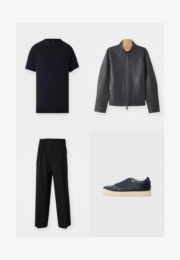 Must must nahkjakker, millel on seisev krae, luku sulgemine ja kontrastse pruuni õmblusega. Omab kahte küljetaskut ja voolujoonelist disaini.; Tume mere T-särk lühikeste varrukatega, mis on valmistatud pehmest puuvillast. Omab ümmargust kaelust ja sirget äärt, ilma nähtavate mustrite või aksessuaarideta.; Mustad volditud püksid sirge ja laia säärega disainiga. Valmistatud siledast kangast, millel on nuppudega sulgemine ja vööaasad.; Tumedat sinised nahast spordijalatsid kreemja kummitaldiga, siniste paeltega ja siledast tekstuurist. Ümar varvas ja minimalistlik disain.