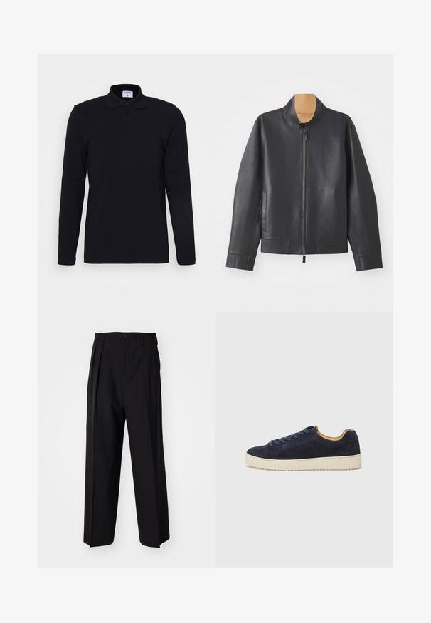 Fekete bőrdzseki álló gallérral, cipzáras záródással és kontrasztos barna varrással. Két oldalsó zsebbel és áramvonalas kialakítással rendelkezik.; Filippa K LUKE - Hosszú ujjú felső - black; Fekete, pliszírozott nadrág, egyenes, széles lábakkal. Sima anyagból készült, gombos záródással és övhurkokkal rendelkezik.; Tengerészeti suède alacsony szárú sportcipő kerek orral, törtfehér gumitalppal és hozzá illő fűzőszerkezet; kontrasztos barna belső béléssel rendelkezik.