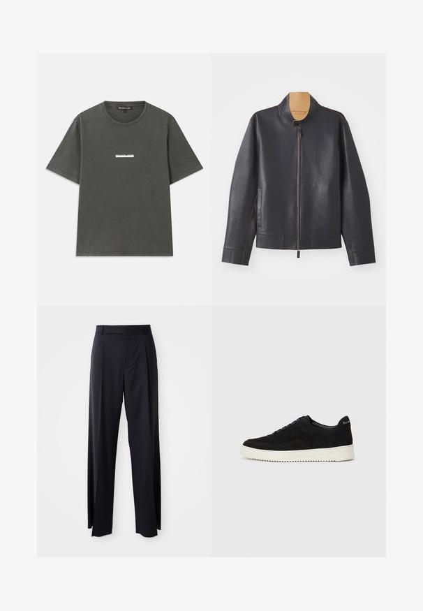 Musta nahkatakki, jossa on pystykaulus, vetoketjusuljenta ja kontrastivärinen ruskea ommel. Sisältää kaksi sivutaskua ja virtaviivaisen muotoilun.; Harmaa puuvillainen t-paita, jossa on lyhyet hihat, pyöreä pääntie ja valkoinen logo painettuna rintaan. Sujuva tekstuuri ja rento muotoilu.; Musta, korkeavyötäröinen housupari, jossa on leveä lahje, valmistettu sileästä kankaasta. Edessä on laskokset ja vyölenkit. Minimalistinen muotoilu, ei näkyvää metalliosaa.; Mustat mokkakengät nauhoilla ja kontrastivalkoisella kumipohjalla. Varustettu teksturoiduilla sivupaneeleilla ja huomaamattomalla brändäyksellä kantapäässä.