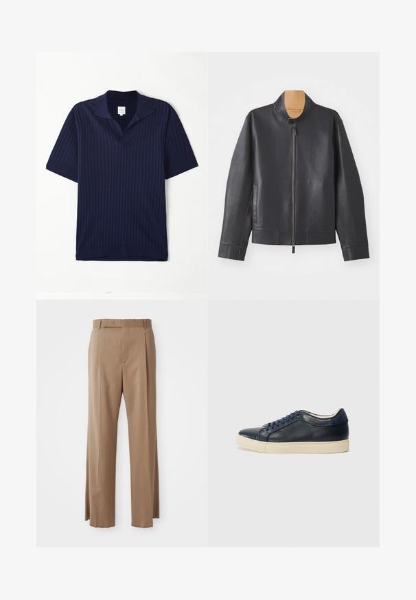 Czarna skórzana kurtka z stójką, zapięciem na zamek i kontrastującym brązowym przeszyciem. Posiada dwie boczne kieszenie i smukły krój.; Granatowa koszulka polo z krótkim rękawem o ribbowanej fakturze, z płaskim kołnierzykiem i czerwonym haftowanym logo na lewym rękawie.; Jasnobrązowe spodnie w kant o prostych nogawkach, z pętelkami na pasek, szwem z przodu i ukrytym zapięciem, wyeksponowane na białym tle.; Granatowe skórzane trampki z kremową gumową podeszwą, wyposażone w niebieskie sznurówki i gładką teksturę. Okrągły czubek i minimalistyczny design.
