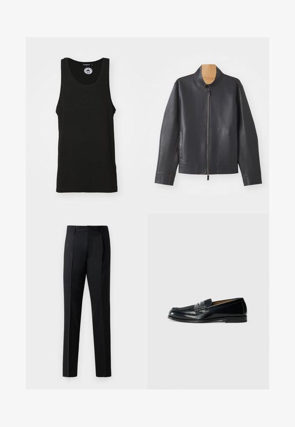 Black leather jacket with a stand collar, zip closure, and contrasting brown stitching. Features two side pockets and a streamlined design.; Black sleeveless tank top made of cotton with a round neckline and embossed logo detail on the front. Clean, minimalistic design.; Black formal trousers made of a smooth fabric, featuring a straight leg design, front pleats, and standard waistband without embellishments.; Black leather loafer with textured upper, braided accent, and smooth finish. Low profile heel and minimalistic design.