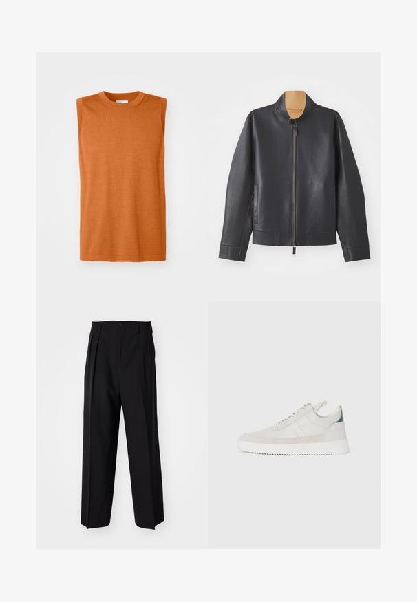 Chaqueta de cuero negra con cuello alto, cierre de cremallera y costuras en marrón contrastante. Cuenta con dos bolsillos laterales y un diseño estilizado.; Top sin mangas de punto naranja con un escote redondo, textura suave y diseño de corte recto, que presenta un dobladillo limpio y un detalle mínimo.; Pantalones negros plisados con un diseño recto y de pierna ancha. Fabricados en una tela suave, presentan un cierre de botón y trabillas para el cinturón.; Zapatillas de cuero blancas con acentos de ante gris, diseño con cordones, asa de tirón y suela de goma texturizada con un patrón en zigzag.