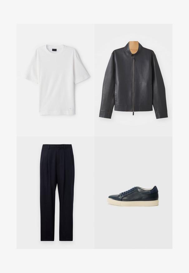 Must must nahkjakker, millel on seisev krae, luku sulgemine ja kontrastse pruuni õmblusega. Omab kahte küljetaskut ja voolujoonelist disaini.; Valge lühikese varrukaga T-särk tekstureeritud, soonikus kangast. Omab ümarat kaelust ja väikest logoaktsenti alloses.; Tumedat sinised sirged püksid, millel on tekstuuriga kangas, kaks eesmist voldikut, vöölukud ja lukuga eesmine sulgemine.; Tumedat sinised nahast spordijalatsid kreemja kummitaldiga, siniste paeltega ja siledast tekstuurist. Ümar varvas ja minimalistlik disain.