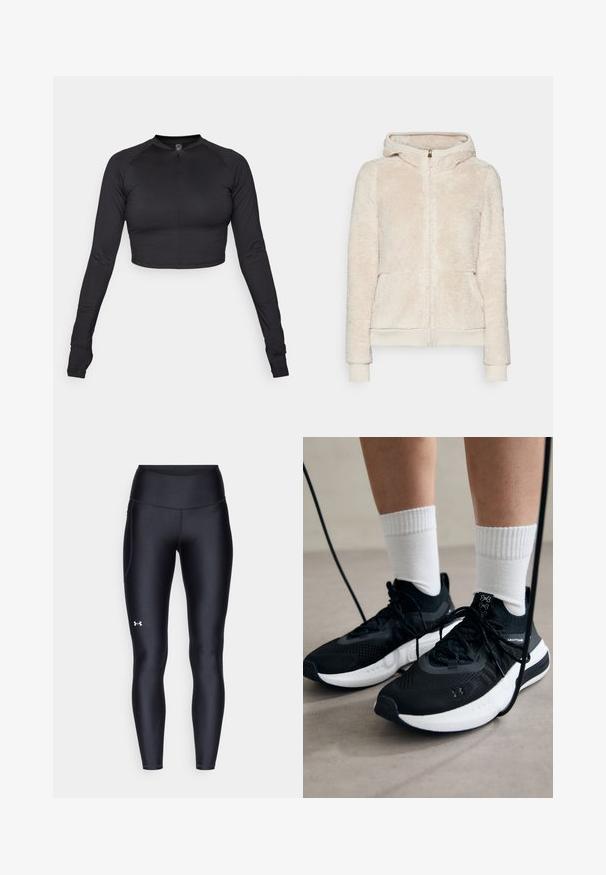 Fleece zip-up hoodie in light beige with textured fabric, front pockets, and ribbed cuffs and hem. Features a hood and gold zip closure.; Black long-sleeve T-shirt made from soft fabric, featuring a round neckline and relaxed fit, with dropped shoulder seams and no patterns.; Black cropped long-sleeve top with a high neckline and front zipper, made of smooth, stretch fabric; fitted design with raglan sleeves.; Black leggings made of smooth, stretchy material with a high waistband. Features a white logo on the left thigh and fitted design.; Black athletic shoes with textured fabric, white sole, and black laces. Worn with white ribbed socks, standing on a light surface.