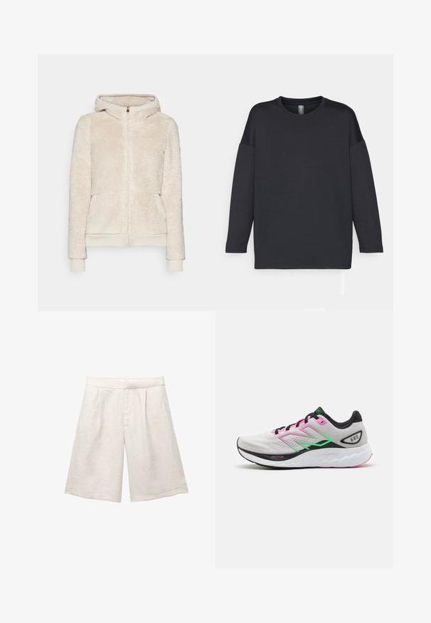 Fleece zip-up hoodie in light beige with textured fabric, front pockets, and ribbed cuffs and hem. Features a hood and gold zip closure.; Black long-sleeve T-shirt made from soft fabric, featuring a round neckline and relaxed fit, with dropped shoulder seams and no patterns.; Beige linen shorts with a wide leg, featuring front pleats and a smooth waistband. The fabric has a slightly textured finish.; Lightweight running shoe with a grey upper, pink and green accents, and a thick white sole featuring textured patterns, labeled “Fresh Foam.”