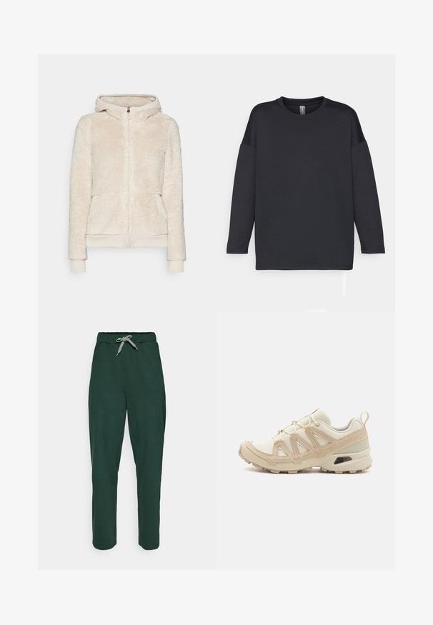 Huppari kevyessä beige-värissä, jossa on fleecemateriaali, edessä taskut sekä ribbireunat hihoissa ja helmassa. Siinä on huppu ja kultainen vetoketju.; Musta pitkähihainen T-paita, joka on valmistettu pehmeästä kankaasta. Paidassa on pyöreä pääntie ja rento istuvuus, jossa on roikkuvat olkalinjaus ja ei kuvioita.; Vihreät collegehousut, joissa on nauhavyötärö ja tekstuuri, koristeltu kuvioidulla nauhalla, suorat lahkeet eikä näkyviä taskuja.; Beige ja kreemi värvi sportlikud jalanõud, millel on tekstiilne mesh ülemine osa, toetavad ülekatted ja kummist tald, millel on mustripattern haardeks.