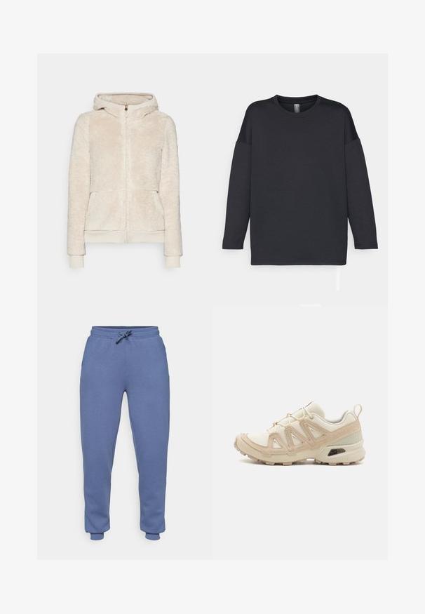 Sudadera con cremallera de forro polar en beige claro con tejido texturizado, bolsillos frontales y puños y dobladillo acanalados. Presenta una capucha y cierre de cremallera dorado.; Camiseta negra de manga larga hecha de una tela suave, con cuello redondo y corte relajado, con costuras de hombro caídas y sin estampados.; ONLY Play ONPLOUNGE LIFE - Pantalones deportivos - vintage indigo; Zapatilla deportiva beige y crema con parte superior de malla texturizada, superposiciones de soporte y suela de goma con un patrón de tracción.