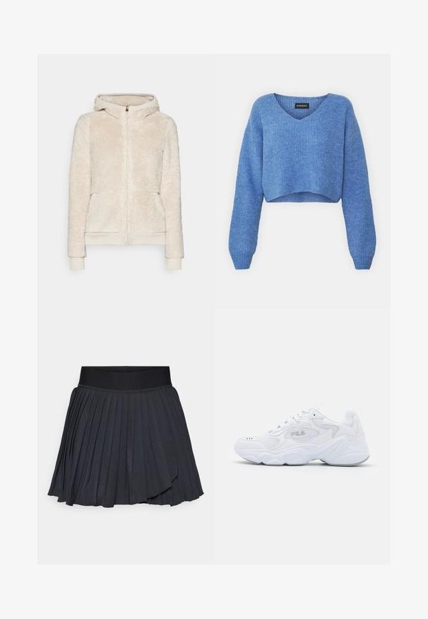 Kergedest nailonist kapuutsiga fliiskangast jope, helebeez, tekstureeritud kangaga, esiküljel taskud ning soonikkoes patsi ja alläär. Omab kapuutsi ja kuldset lukku.; Sinine lühike sviiter V-kaelusega, soonikstruktuuriga ja pikkade varrukatega. Valmistatud pehmest materjalist. Silt: even&odd.; Mustad plisseeriga seelik, millel on laienev elastne vöökoht, valmistatud siledast kangast, millel on peen sära, põlveliige kõrgus ja kihiline disain.; Valge spordijalats tekstuuriga pealmise osaga, pehmendatud kraega ja paksu tallaga. Küljele on pandud logo ja see on kinnitatud paeltega.