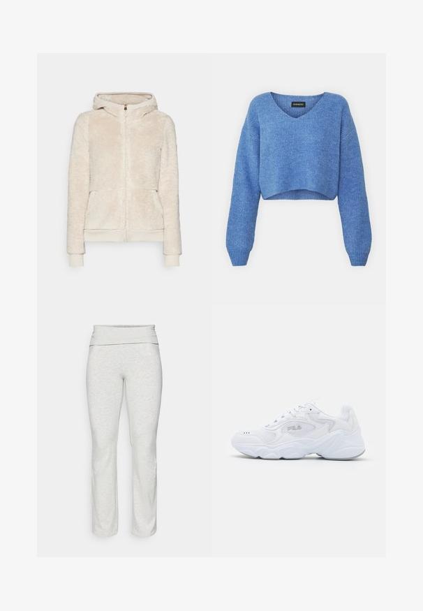 Könnyű bézs színű bolyhos zipzáras kapucnis pulóver texturált anyagból, elülső zsebekkel, bordázott mandzsettákkal és aljjal. Kapucnival és arany színű zipzárral rendelkezik.; Kék, v-kivágású, rovidített pulóver, bordázott textúrával és hosszú ujjakkal. Puha anyagból készült. Címke: even&odd.; ONLY Play ONPFOLD LIFE JAZZ - Leggingek - light grey; Fehér sportcipő strukturált hálós felső résszel, párnázott bokarésszel és masszív talppal. Oldalán logóval és fűzős záródással rendelkezik.