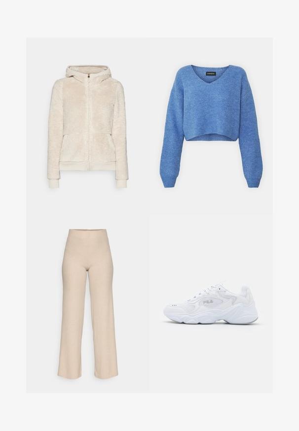 Fleece zip-up hoodie in lichtbeige met gemêleerde stof, voorzakken en ribgebreide boorden en onderrand. Heeft een capuchon en een gouden ritssluiting.; Blauwe cropped trui met V-hals, geribbelde structuur en lange mouwen. Gemaakt van zacht materiaal. Label: even&odd.; Beige geribde gebreide broek met hoge taille en wijde pijpen, gepresenteerd tegen een witte achtergrond.; Witte sportschoen met een gemêleerde mesh bovenzijde, gewatteerde kraag en dikke zool. Voorzien van een logo op de zijkant en vetersluiting.