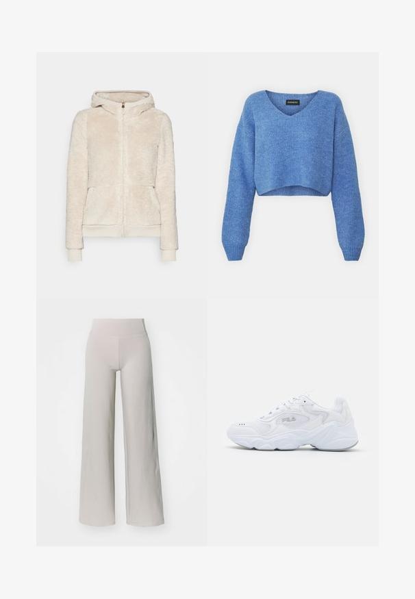 Polarowa bluza z zamkiem błyskawicznym w jasnym beżu, z teksturowanej tkaniny, z kieszeniami z przodu oraz elastycznymi mankietami i dołem. Posiada kaptur i złoty zamek.; Niebieski, krótki sweter z dekoltem w szpic, prążkowanym wzorem i długimi rękawami. Wykonany z miękkiego materiału. Metka: even&odd.; Jasnoszare szerokie spodnie wykonane z miękkiego materiału, posiadające wysoki pas i gładką, nieozdobioną fakturę.; Białe buty sportowe z teksturowaną siateczkową cholewką, wyściełanym kołnierzem i masywną podeszwą. Posiadają logo po boku oraz sznurowanie.