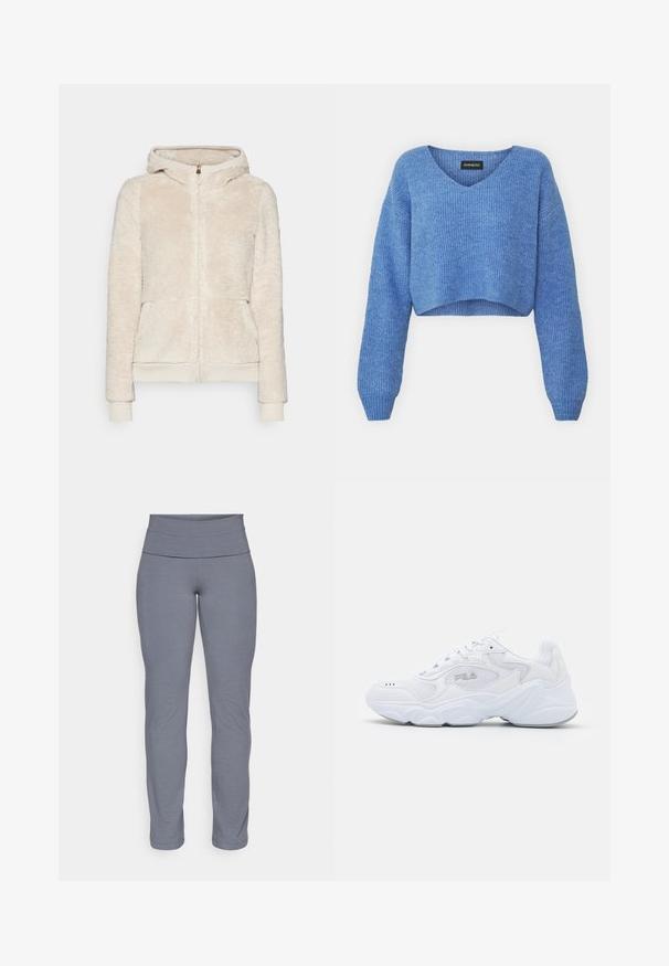 Fleece-Zip-Hoodie in hellbeige mit strukturiertem Stoff, vorderen Taschen und gerippten Bündchen und Saum. Verfügt über eine Kapuze und einen goldenen Reißverschluss.; Blauer, verkürzter Pullover mit V-Ausschnitt, gerippter Struktur und langen Ärmeln. Aus weichem Material gefertigt. Etikett: even&odd.; Graue Sportleggings mit einem breiten, glatten Bund und einem taillierten, schmal zulaufenden Bein. Hergestellt aus einem weichen, dehnbaren Stoff.; Weißer Sportschuh mit einem strukturierten Mesh-Obermaterial, gepolstertem Schaft und klobiger Sohle. Verfügt über ein Logo an der Seite und eine Schnürung.