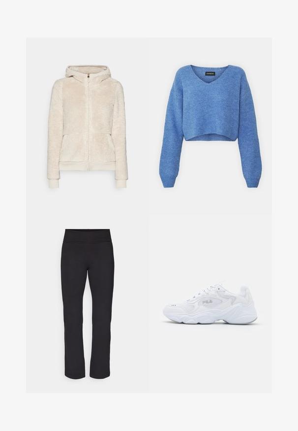 Džemper s patentnim zatvaračem od flisa u svijetlo bež boji, s teksturiranim materijalom, prednjim džepovima, ribanim manžetama i rubom. Ima kapuljaču i zlatni patentni zatvarač.; Plavi skraćeni pulover s V-izrezom, rebrastom teksturom i dugim rukavima. Napravljen od mekog materijala. Oznaka: even&odd.; Crne tajice od glatkog, rastezljivog materijala s visokim pojasom. Imaju ravne, punu dužinu nogavica i bez vidljivih uzoraka ili dekoracija.; Bijela atletska cipela s teksturiranim mrežastim gornjim dijelom, podstavljenim ovratnikom i debelim potplatom. Ima logotip sa strane i vezanje na vezice.