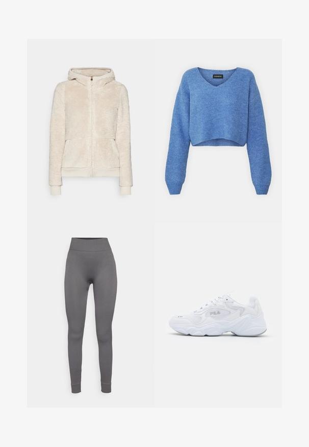 Felpa con zip in pile color beige chiaro, con tessuto testurizzato, tasche anteriori e polsini e orlo a costine. Presenta un cappuccio e chiusura con zip dorata.; Maglione corto blu con scollatura a V, texture a coste e maniche lunghe. Realizzato in materiale morbido. Etichetta: even&odd.; Leggings grigi ribattuti con vita alta, forma adattata e caviglie a doppio risvolto; realizzati in materiale elasticizzato per comfort e libertà di movimento.; Scarpa sportiva bianca con tomaia in mesh testurizzato, colletto imbottito e suola spessa. Presenta un logo sul lato e chiusura con lacci.