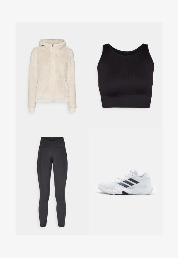 Fleece mikina na zip v světle béžové barvě s texturovanou tkaninou, předními kapsami a ribovanými manžetami a spodním lemem. Obsahuje kapuci a zlatý zip.; Černý žebrovaný crop top s vysokým výstřihem a širokými průramky, který nabízí měkkou a elastickou tkaninu pro pohodlí a bezešvý design.; Černé legíny s vysokým pasem a překříženým páskem, vyrobené z elastické látky s hladkou texturou a šitými detaily.; Bílé sportovní boty s vrškem ze síťoviny, třemi černými pruhy po stranách, texturovanými akcenty a odolnou gumovou podrážkou s kontrastní černou částí.
