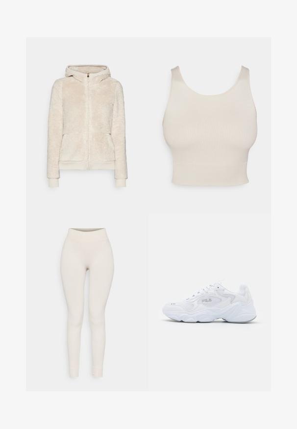 Fleece zip-up hoodie in lichtbeige met gemêleerde stof, voorzakken en ribgebreide boorden en onderrand. Heeft een capuchon en een gouden ritssluiting.; Beige geribbelde crop top met brede bandjes, een ronde halslijn en een aansluitende taille. De textuur is glad, van een rekbare, lichte stof.; Geribbelde legging in beige, met een hoge tailleband en een aansluitend ontwerp. Glad textuur met taps toelopende benen en omgeslagen naden.; Witte sportschoen met een gemêleerde mesh bovenzijde, gewatteerde kraag en dikke zool. Voorzien van een logo op de zijkant en vetersluiting.