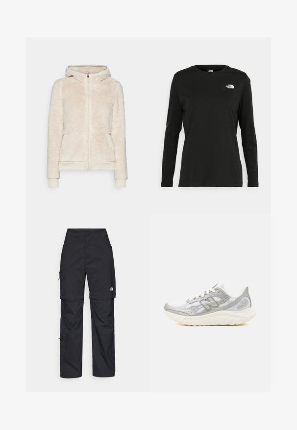 Sweatshirt com fecho éclair em fleece na cor bege claro, com tecido texturizado, bolsos frontais e punhos e bainha ribulados. Apresenta capuz e fecho éclair dourado.; T-shirt preto de mangas longas, feito de algodão, com decote redondo. Apresenta um pequeno logótipo branco na área esquerda do peito. Design simples e ajuste confortável.; Calças cargo pretas em nylon com fechos de correr removíveis, punhos ajustáveis, múltiplos bolsos e um logótipo na perna direita. Textura suave e leve.; Tênis de corrida em malha cinza e branca com uma sola acolchoada. As características incluem um superior texturizado, fecho de atacadores e um logótipo da marca em destaque.