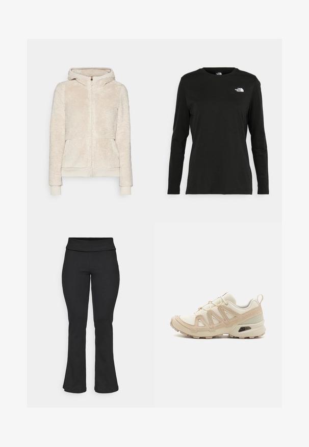 Fleece zip-up hoodie in light beige with textured fabric, front pockets, and ribbed cuffs and hem. Features a hood and gold zip closure.; Black long-sleeve t-shirt made of cotton with a round neck. Features a small white logo on the left chest area. Simple design and fit.; ONLY Play ONPFOLD LIFE JAZZ - Leggings - black; Beige and cream athletic shoe with textured mesh upper, supportive overlays, and rubber outsole featuring a tread pattern for traction.