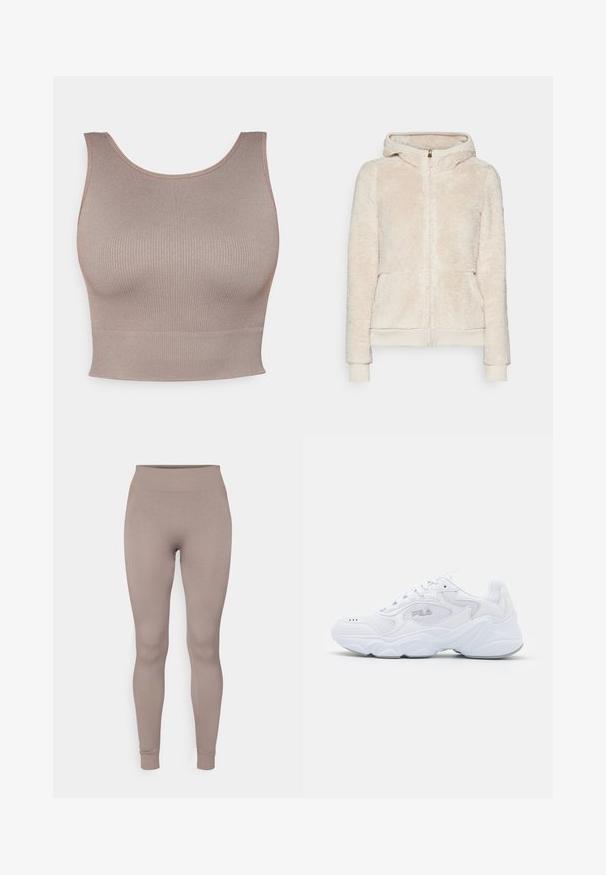 Flisna zip-up jopica v svetlem bež odtenku z teksturirano tkanino, sprednjimi žepi ter rebrastimi manšetami in robom. Ima kapuco in zlat zadrgo.; Ribana, brezrokavni kratki top v umirjeni bež barvi. Opremljen je s zaobljenim izrezom in prilagojeno, gladko teksturo. Idealno za plastenje.; Rebraste nogavice v mehki taupe barvi, z visokim pasom, ožjim krojem in zoženimi gležnji. Narejene so iz teksturirane, raztegljive tkanine.; Bela športna obuvala z teksturirano mrežasto zgornjico, oblazinjeno obrobo in debelim podplatom. Ima logotip ob strani in vezalni sistem.