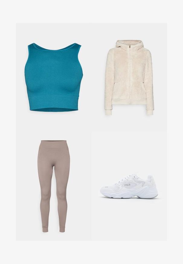 Flisna zip-up jopica v svetlem bež odtenku z teksturirano tkanino, sprednjimi žepi ter rebrastimi manšetami in robom. Ima kapuco in zlat zadrgo.; Zelena rebrasta skrajšana majica brez rokavov z okroglim izrezom in širokimi naramnicami, izdelana iz raztegljive tkanine za oprijet videz. Podrobnosti teksturirane površine.; Rebraste nogavice v mehki taupe barvi, z visokim pasom, ožjim krojem in zoženimi gležnji. Narejene so iz teksturirane, raztegljive tkanine.; Bela športna obuvala z teksturirano mrežasto zgornjico, oblazinjeno obrobo in debelim podplatom. Ima logotip ob strani in vezalni sistem.