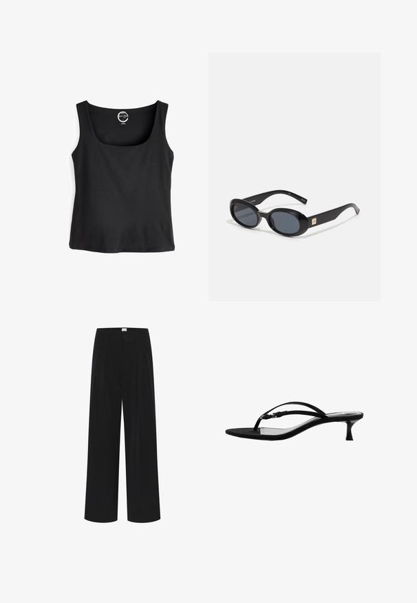 Černý trenčkot s dvojitým zapínáním, širokými klopami, ramenními epauletami a nastavitelným páskem. Vyrobeno z hladké látky s knoflíkovými detaily.; Černý bezramínkový top vyrobený z bavlny, s kulatým výstřihem a jednobarevným designem bez vzorů nebo akcentů.; Černá lněná košile s límečkem, dlouhými rukávy a zapínáním na knoflíky; má uvolněný střih a mírně zaoblený lem.; Černé široké kalhoty s vysokým pasem, záhyby a hladkou texturou. Minimalistický design bez viditelných vzorů nebo kovových prvků.; Mango Sandály s odděleným palcem - black; Černé oválné sluneční brýle s tmavými skly, lesklým plastovým rámem, širokými stranami a malým zlatým detailem na jedné straně.
