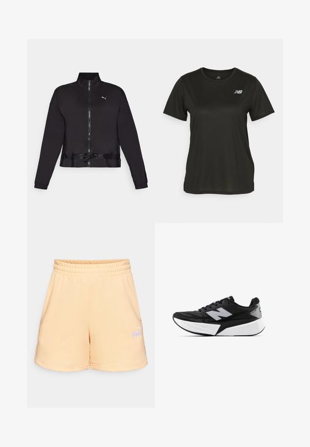 Mustmust muströöp ja kõrge kraega musta värvi kapuutsiga jakk, millel on elastsed mansetid ja nööriga alumine osa. Rinnal on peegeldav logo. Sile kangas.; Must äravalge lühikeste varrukatega T-särk, mis on valmistatud siledast kangast, ümarate kaelustega ja vasakus rinnas peegelduv valge logo.; Pitsevärvi lühikesed püksid, mis on valmistatud pehmest kangast. Omab elastset vöökoht ja väikest brodüüri logo alumises nurgas.; Mustvalge New Balance jooksujalats, millel on paks tallar ja võrkkangast ülemine osa, ning külgvaates on näha ka „N” logo.