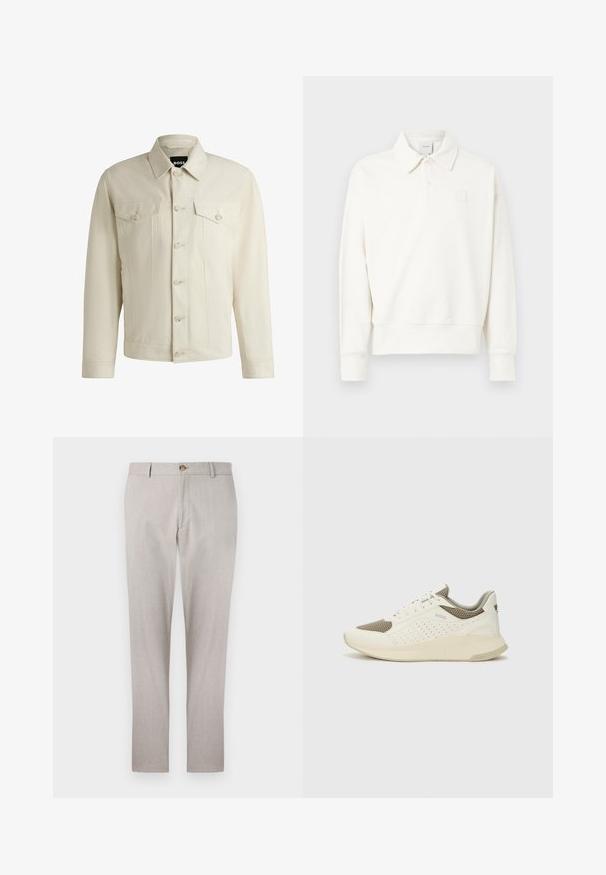 Lichtbeige denimjas met een klassieke kraag, sluiting met knopen aan de voorkant, twee borstzakken en subtiele stikdetails. Gladde textuur.; Witte polo trui met kraag, voorzien van een subtiel geborduurd logo op de linkerborst, gemaakt van zachte stof met een licht gestructureerde afwerking.; Lichtgrijze linnen broeken met een op maat gemaakt ontwerp, knoopsluiting, zijzakken en een rechte pijp. Zachte textuur en minimale stikdetails.; Witte en lichtbeige sport sneaker, met een bovenwerk van mesh, geperforeerde details en een gestructureerde tussenzool met branding op de hiel.