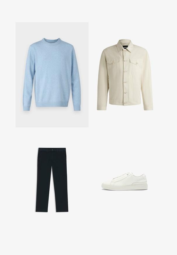Helle beige Jeansjacke mit klassischem Kragen, vorderem Knopfverschluss, zwei Brusttaschen und dezenten Nähdetails. Sanfte Textur.; Samsøe Samsøe ISAK SWEATER - Strickpullover - blue; Dunkelblaue Chinos aus einer Baumwollmischung. Merkmale sind Gürtelschlaufen, Vordertaschen und ein Reißverschluss mit Knopfverschluss.; Weiße Leder-Sneaker mit strukturierter Oberseite, runder Zehenform, minimalistischem Design und Gummisohle mit gestickten Details.