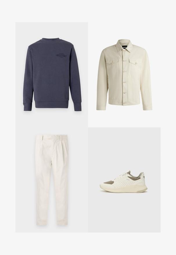 Light beige denim jacket with a classic collar, front button closure, two chest pockets, and subtle stitching details. Smooth texture.; Sweatshirt in dark navy blue, made of soft fabric, featuring a crew neckline and ribbed cuffs. Embroidered logo on the left chest.; White, pleated trousers with a tailored fit, featuring a smooth texture, belt loops, and tapered legs. No visible pockets or patterns.; White and light beige athletic sneaker, featuring a mesh upper, perforated detailing, and a textured midsole with branding on the heel.
