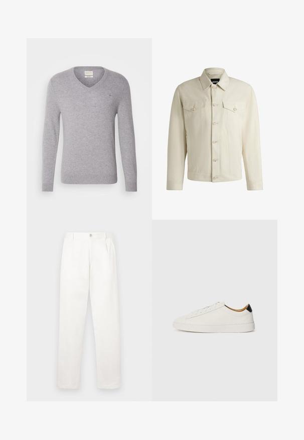 Giacca di jeans color beige chiaro con colletto classico, chiusura frontale con bottoni, due tasche sul petto e dettagli di cucitura sottili. Texture liscia.; Pullover grigio in lana a V con maniche lunghe, caratterizzato da un piccolo logo ricamato sul petto e polsini e orlo a costine.; Pantaloni bianchi realizzati in tessuto liscio, con un design a gamba dritta, pieghe frontali e una chiusura a bottone singolo in vita.; Sneaker bianca con tomaia in pelle liscia, punta rotonda e suola piatta. Accentatura nera sul tallone, con lacci tono su tono e branding minimale.