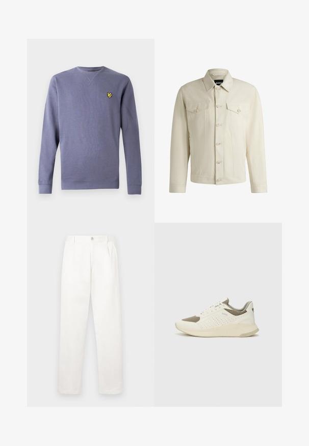 Light beige denim jacket with a classic collar, front button closure, two chest pockets, and subtle stitching details. Smooth texture.; Purple crew neck sweatshirt made from soft fabric, featuring ribbed cuffs and hem, with a small embroidered yellow logo on the chest.; White trousers made from smooth fabric, featuring a straight leg design, front pleats, and a single button closure at the waist.; White and light beige athletic sneaker, featuring a mesh upper, perforated detailing, and a textured midsole with branding on the heel.
