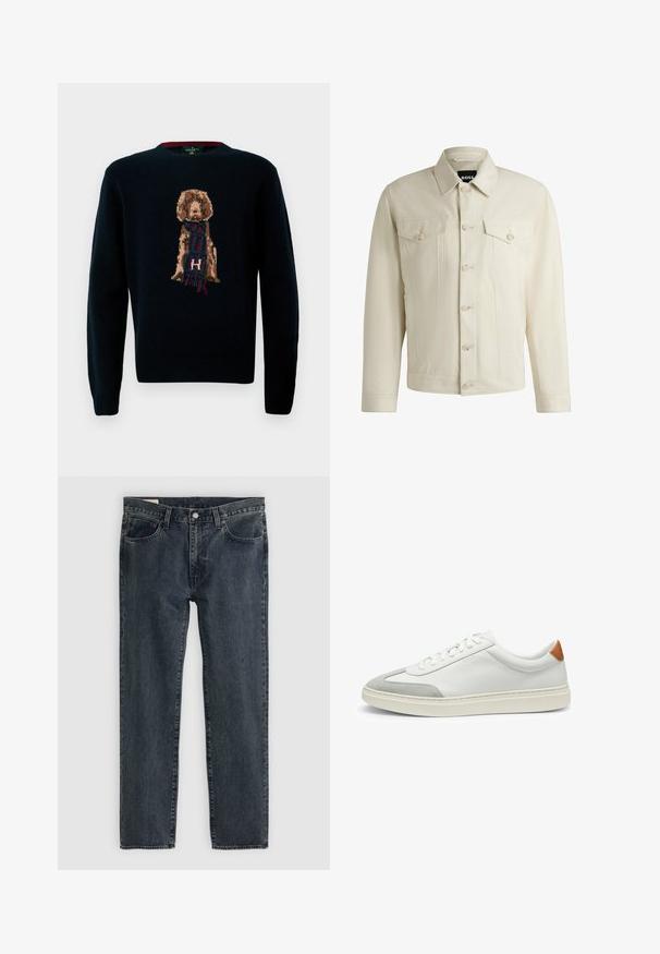 Helle beige Jeansjacke mit klassischem Kragen, vorderem Knopfverschluss, zwei Brusttaschen und dezenten Nähdetails. Sanfte Textur.; Navyblaues Strickpullover mit einem detaillierten Hundedesign und einem Schal. Weicher Stoff, runder Halsausschnitt sowie gerippte Bündchen und Saum.; Dunkelblaue Jeans aus Denim mit geradem Bein, fünf Taschen und einem Knopfverschluss. Der Stoff weist eine subtile Ausbleichung und Textur auf.; Weiße Leder-Sneaker mit grauen Wildlederakzenten und einer sandfarbenen Lederfersenschlaufe. Sie verfügen über eine strukturierte Oberfläche und eine leichte Sohle.